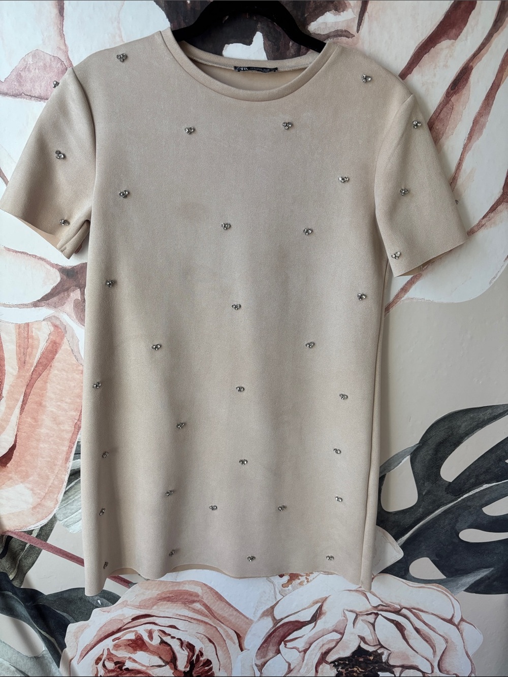 Zara Beige Short Sleeve Jewel-Embellished Top
